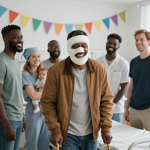 Happy patient with supportive group in hospital room