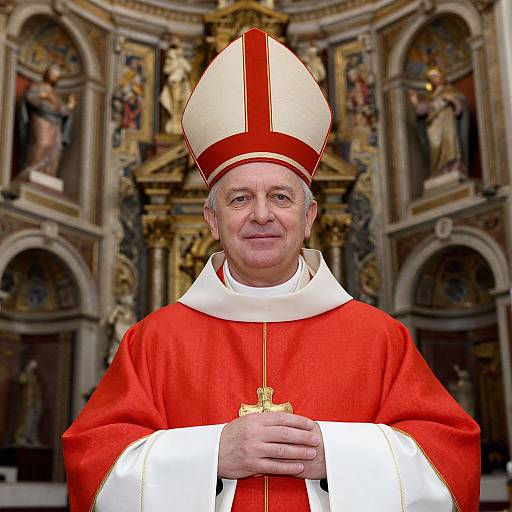 Photograph of elderly Catholic cardinal in red and white cassock, holding cross, wearing tall red and white mitre, in ornate church background.