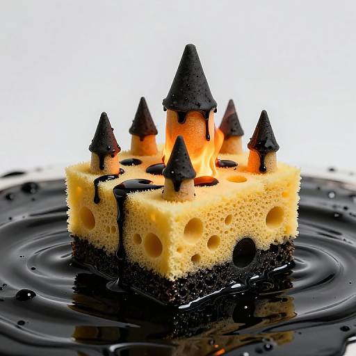Photograph of a yellow and black sponge castle with cone-shaped towers, dripping black icing, floating on black water ripples.