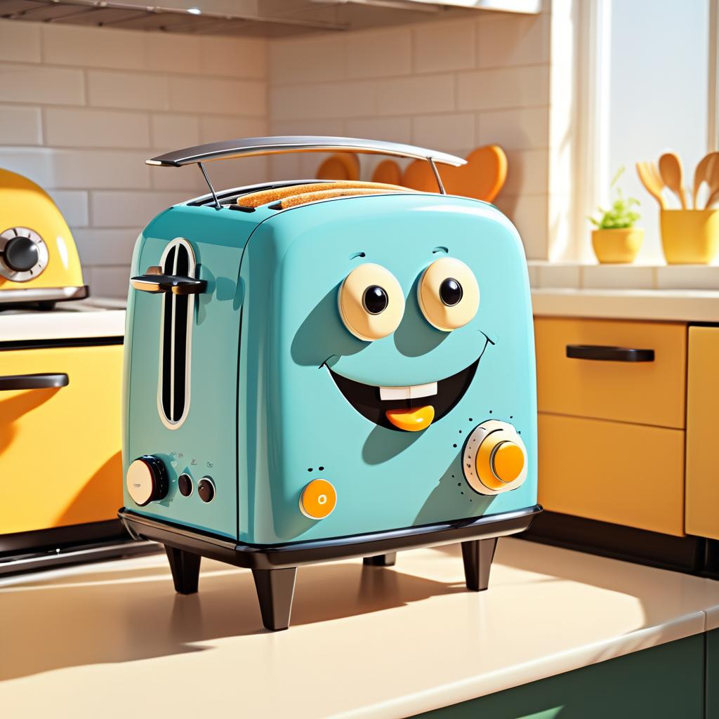 Whimsical Cartoon Toaster in Sunny Kitchen