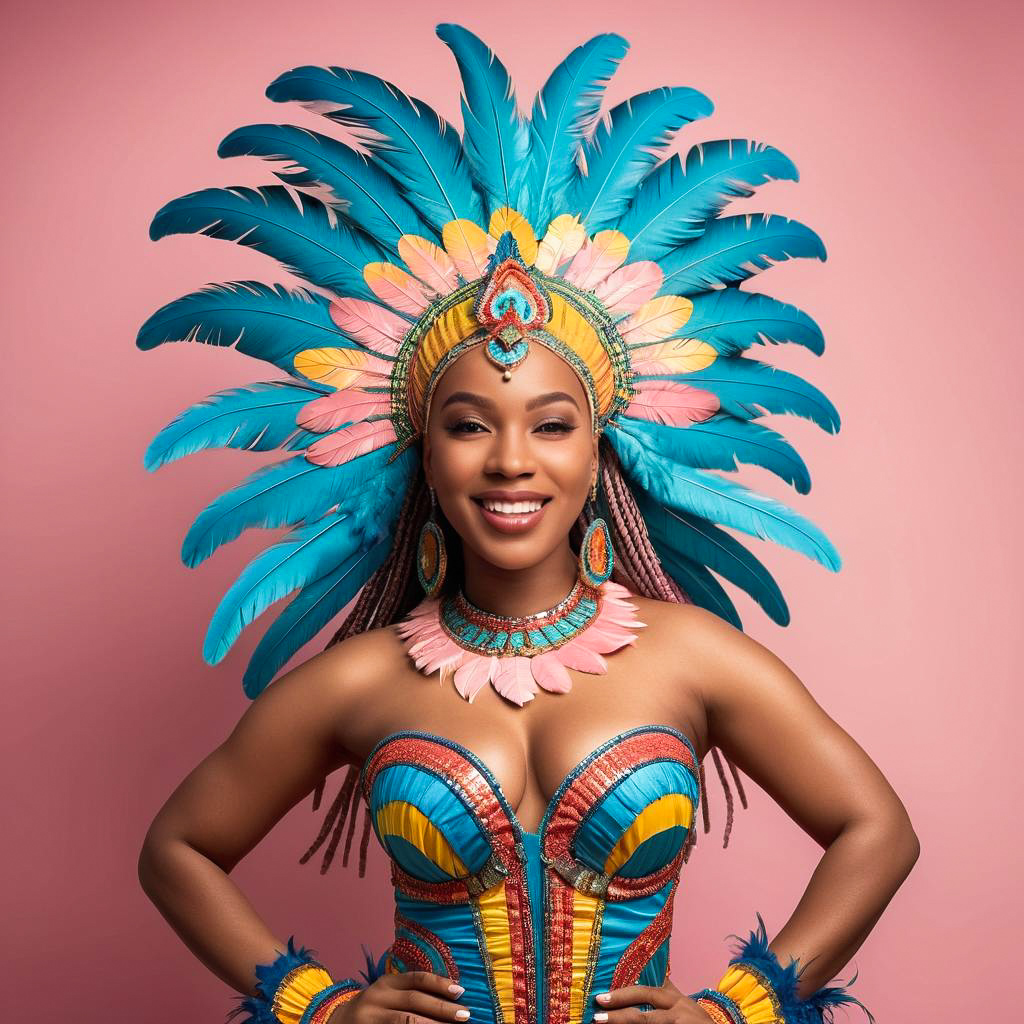 Joyful Caribbean Woman in Carnival Costume