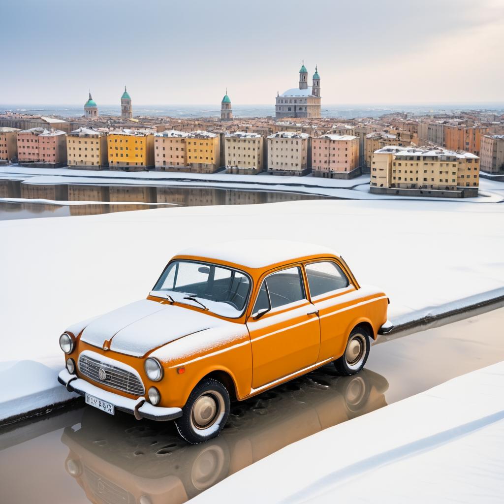 Classic Italian Car in Icy Urban Landscape