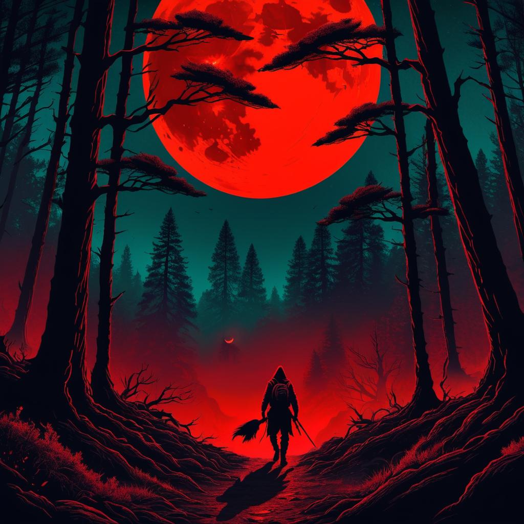 Haunting Horror Poster with Blood-Red Moon