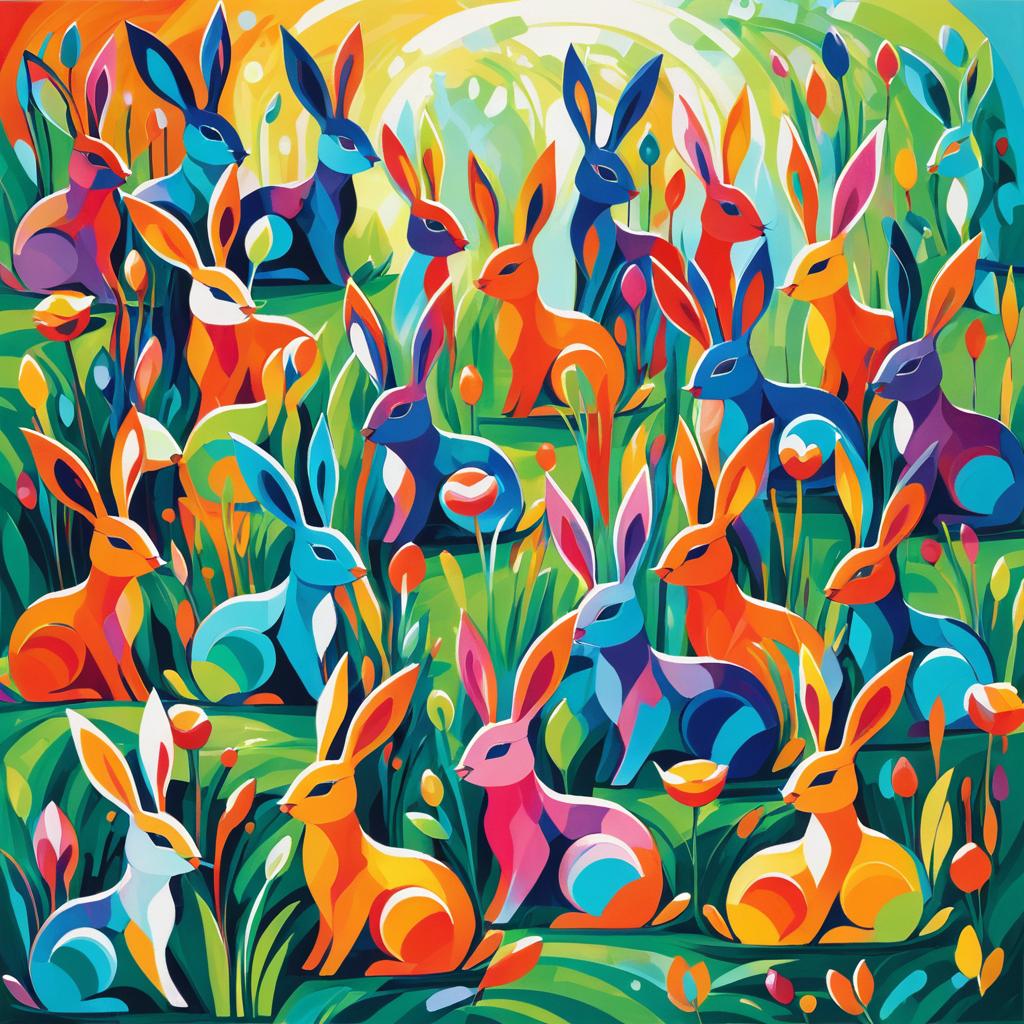 Vibrant Surrealist Garden of Rabbits