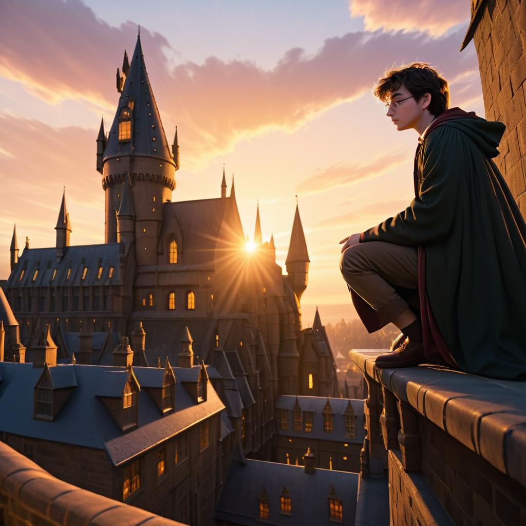 Harry Potter Enjoying a Sunset at Hogwarts