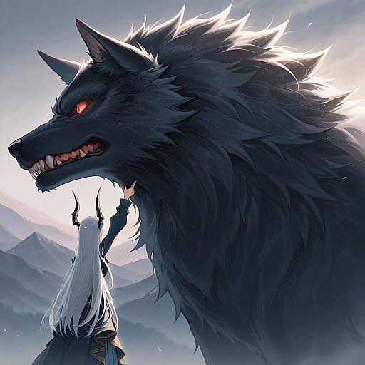 Silver-Haired Devil-Horned Girl With Giant Wolf