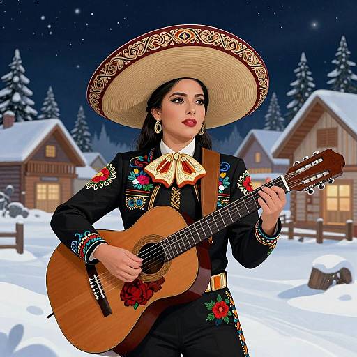 Digital illustration of a Latina woman in traditional Mexican attire, playing an acoustic guitar under a starry winter night sky.