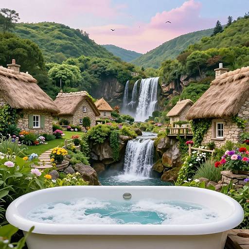 Photograph of a whimsical garden scene with a bubbling white bathtub in the foreground, surrounded by colorful flowers, two thatched cottages, and