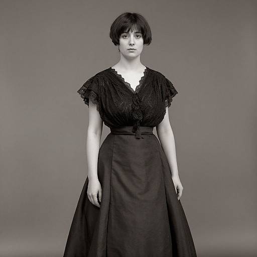 Black and white photograph of a short-haired woman in a Victorian-style lace top and high-waisted skirt, standing against a plain gray background.