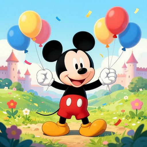 Cartoon Mickey Mouse holding colorful balloons in a vibrant, sunny garden with a castle backdrop, smiling joyfully. Bright, cheerful illustration.