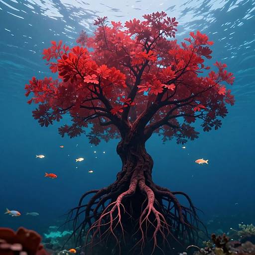 Photograph of an underwater red-leaved tree with exposed roots, surrounded by colorful fish in a clear blue ocean. Sunlight filters through the water from