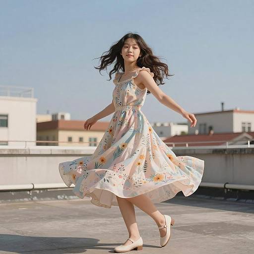 Photograph of an Asian woman with long black hair, wearing a light floral dress and beige flats, dancing on a rooftop with clear blue sky and urban