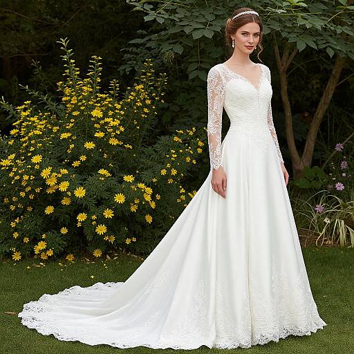 Photograph of a smiling bride in a white lace long-sleeve wedding dress with a flowing train, standing in a lush garden with yellow flowers and