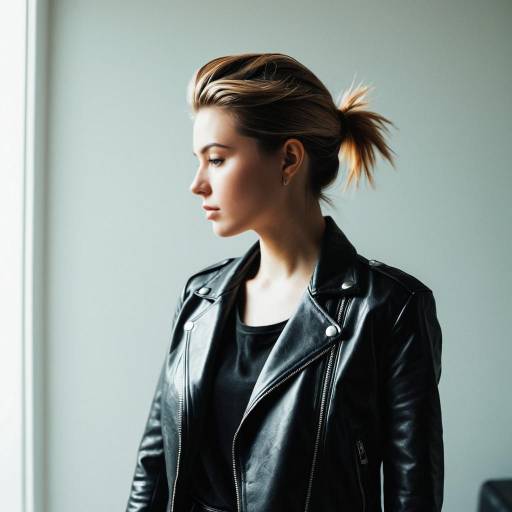 Woman with Mid Fade Hairstyle in Leather Jacket Woman with Mid Fade Hairstyle in Leather Jacket