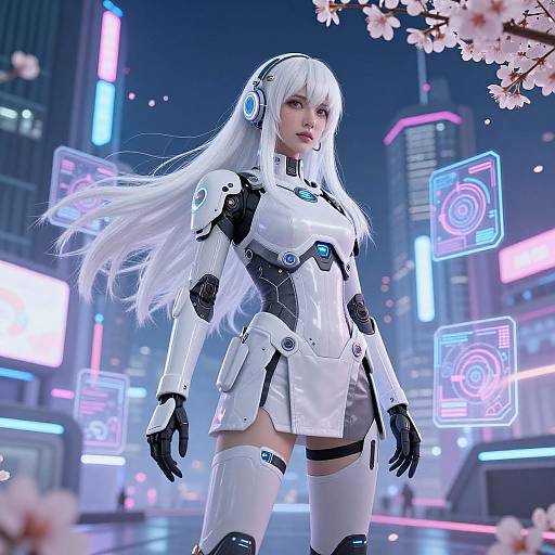 CGI image of a white-haired, cybernetic female warrior in a futuristic city with neon lights, cherry blossoms, and holographic squares.