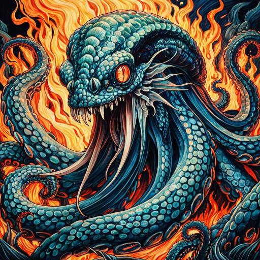 Hyper-detailed Neo-Impressionist Kraken with Fire