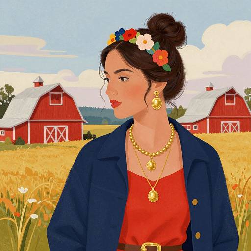 Digital illustration of a woman with a flower crown, red dress, gold jewelry, and navy jacket, standing in a sunny wheat field with red barns