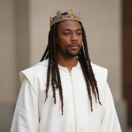 Photograph of a Black man with long dreadlocks, wearing a gold crown and white robe, standing against a blurred indoor background.