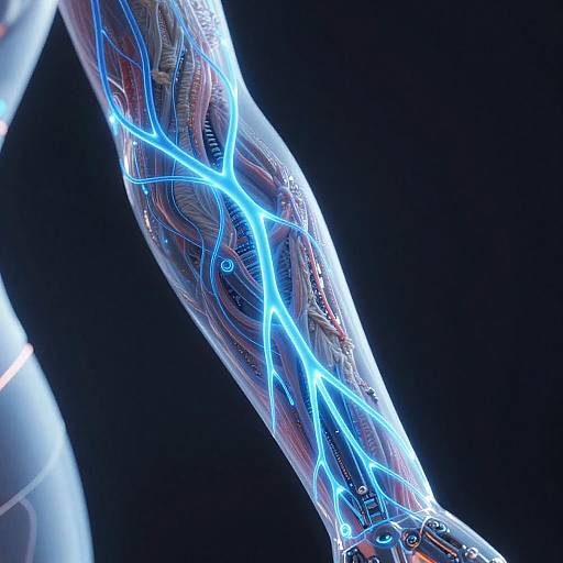 CGI image of a futuristic, glowing blue neural cord with intricate, bioluminescent circuitry against a black background.