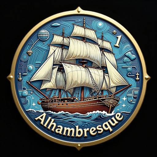 Detailed digital illustration of a classic wooden ship with white sails, set against a blue, wave-patterned background. 