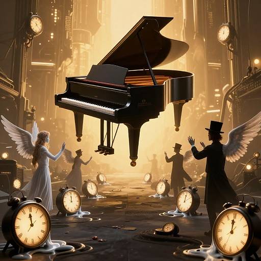 Digital art of a grand piano suspended mid-air, surrounded by angelic figures, clock hands, and a top-hatted man in a steampunk