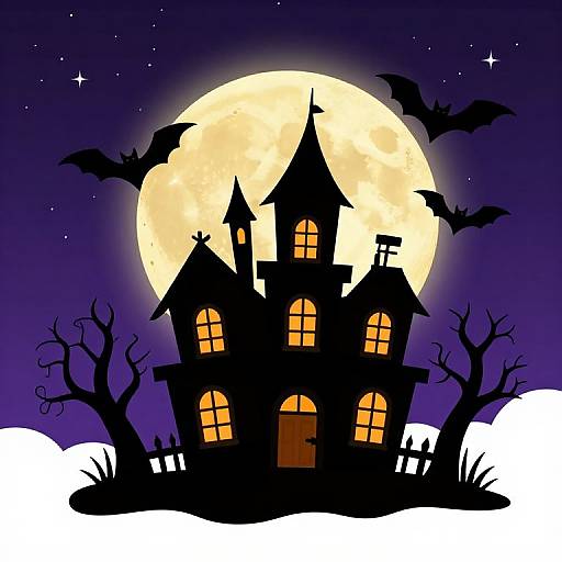 Silhouette of spooky haunted house with glowing windows, surrounded by bats, leafless trees, and full moon, set against a starry night sky.