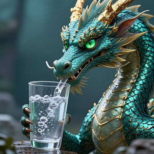 Digital CGI image of a turquoise, gold-accented dragon with glowing green eyes drinking from a glass of bubbly water.