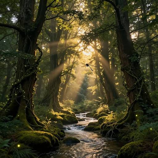Photograph of a sunlit forest, rays of sunlight filtering through tall trees, illuminating a moss-covered stream with small waterfalls, surrounded by dense
