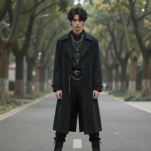 Man in Modern Gothic Outfit on Tree-Lined Path
