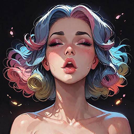 Digital painting of a fair-skinned, topless woman with multicolored, wavy hair, closed eyes, and parted lips against a dark background
