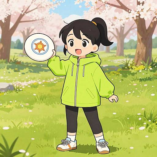 Playful Girl with Frisbee in Cherry Blossoms