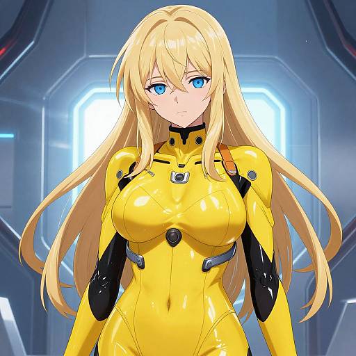 Anime-style digital illustration of a blonde woman with blue eyes, wearing a tight, shiny yellow futuristic bodysuit with black accents, standing in a glowing