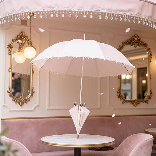 Photograph of an elegant café table with a white lace parasol, surrounded by pink velvet chairs, gold-framed mirrors, and soft lighting.