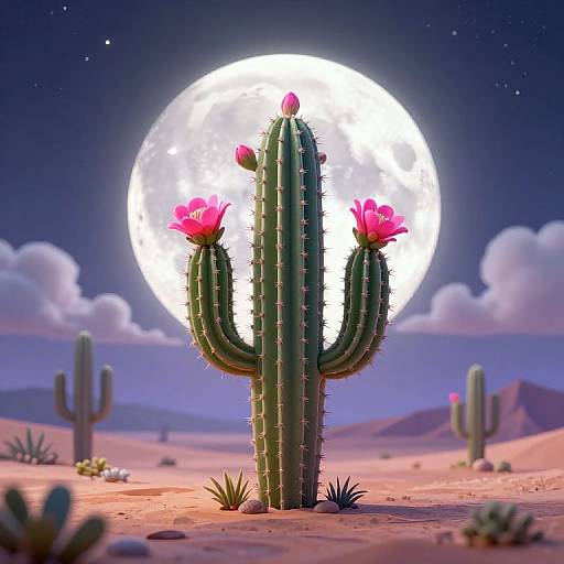 Digital art of a cactus with pink flowers under a glowing full moon in a desert, surrounded by other cacti and mountains.