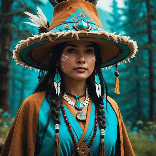 Indigenous Female Shaman in Turquoise and Brown Attire