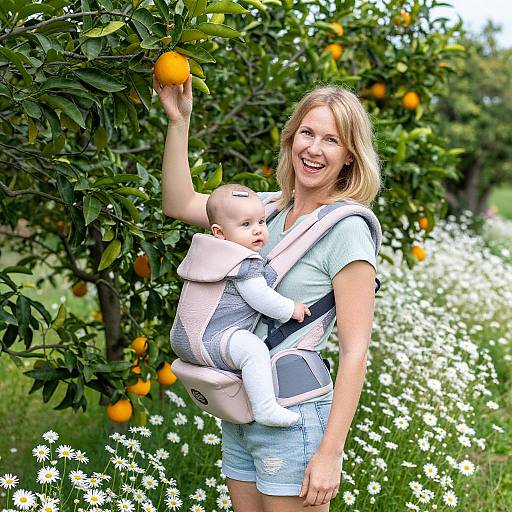 Photograph of a smiling blonde woman with a baby in a grey and white baby carrier, picking an orange from a tree in a lush, daisy