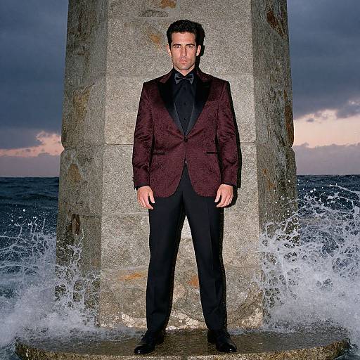 Photograph of a serious-looking man in a dark burgundy blazer and black suit standing against a stone pier with ocean waves crashing around him under a