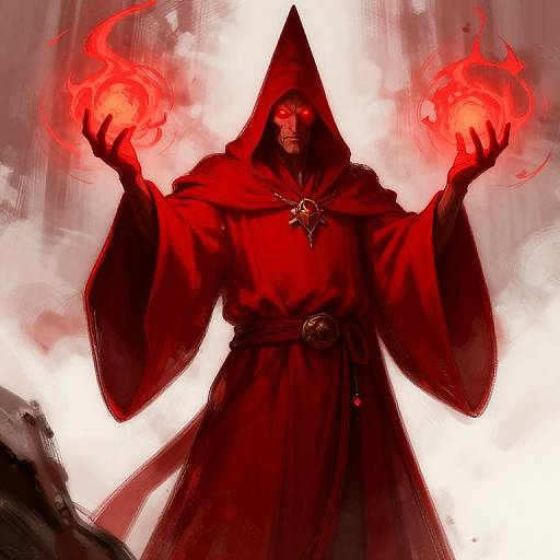 Digital painting of a menacing, hooded figure in red robe, holding glowing red fireballs in both hands, against a white background.
