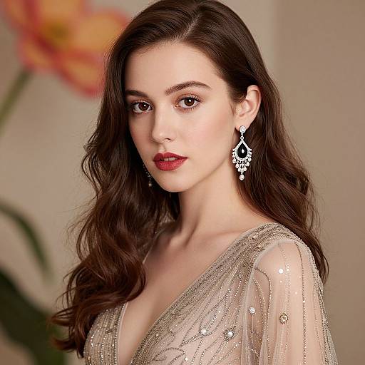 Photograph of a fair-skinned, dark-haired woman with red lips, wearing a sheer, beaded, V-neck gown and intricate black earrings,