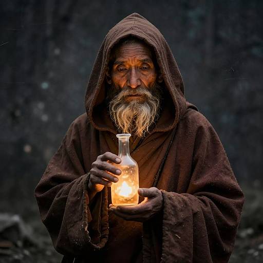 Elderly Hooded Monk with Glowing Bottle