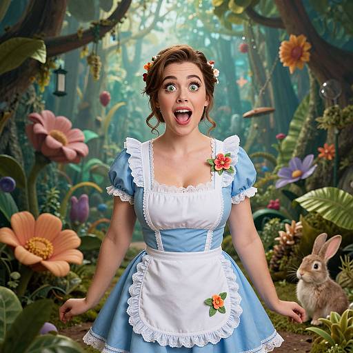Digital illustration of a surprised woman in a blue and white maid dress with flower accents, standing in a vibrant, fairy-tale forest with colorful flowers and