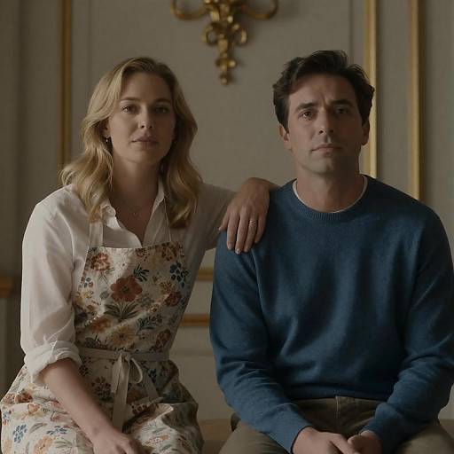 Photograph of a serious blonde woman in a floral apron and white blouse, sitting beside a dark-haired man in a blue sweater, with a gold