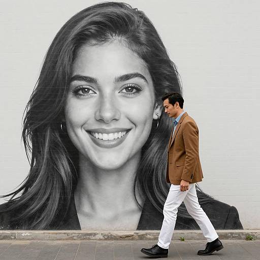 Man Walking Past Large Grayscale Portrait of Woman