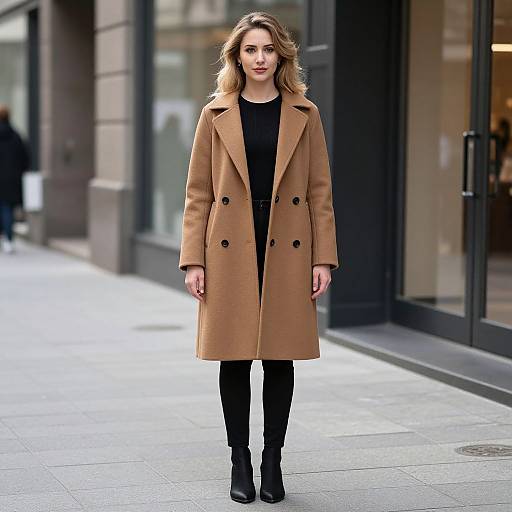 Photograph of a blonde woman with wavy hair, wearing a tan double-breasted coat, black top, and black pants, standing on a city