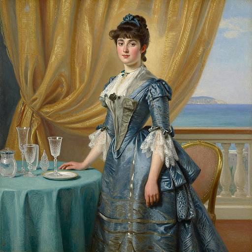 Oil painting of a Victorian woman in a blue brocade dress with lace trim, standing by a turquoise table with crystal glasses, against a golden curtain and