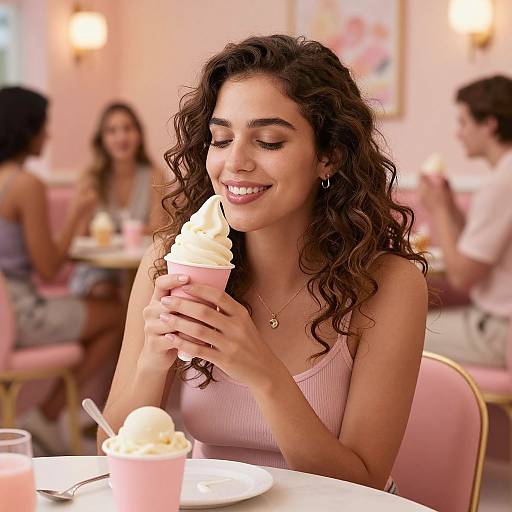 Photograph of a smiling young woman with curly brown hair, wearing a pink tank top, enjoying a scoop of ice cream in a pink café. Bl