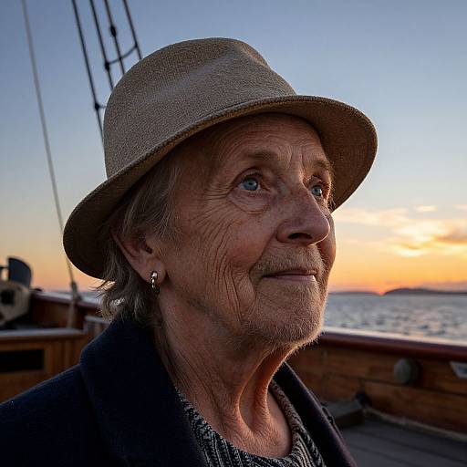 Photograph of an elderly woman with wrinkles, blue eyes, and gray hat, wearing a black coat, standing on a ship at sunset with a colorful