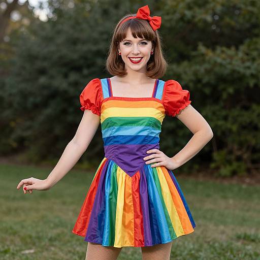 Photograph of a smiling woman with fair skin, brown bob haircut, red bow, red puffed sleeves, and rainbow dress, standing outdoors on grass