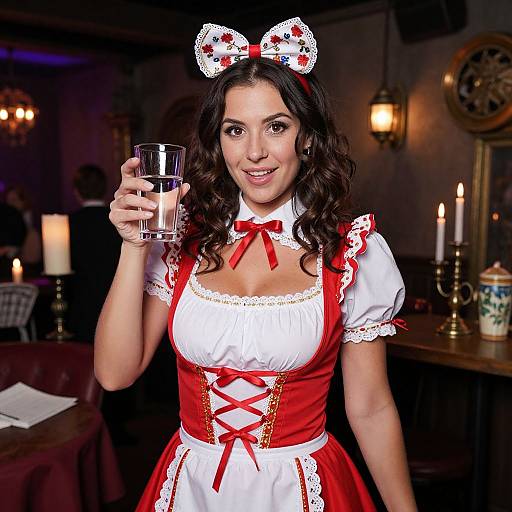 Photograph of a smiling woman in a red and white maid costume with lace details, holding a glass of water, in a dimly lit, candle
