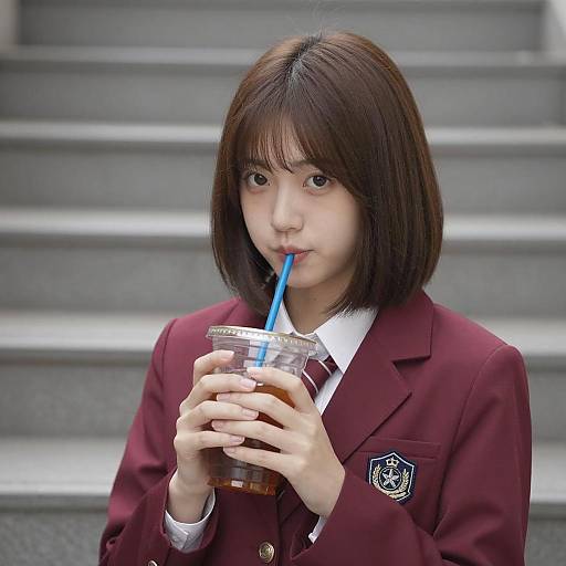 Asian Girl in School Blazer with Iced Tea